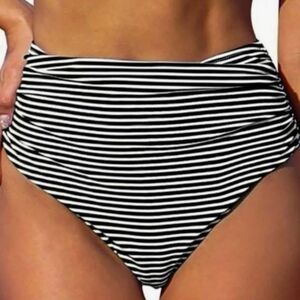 Cupshe NEW Black & White Striped High Rise Bikini Bottoms Ruched Side Seam Large